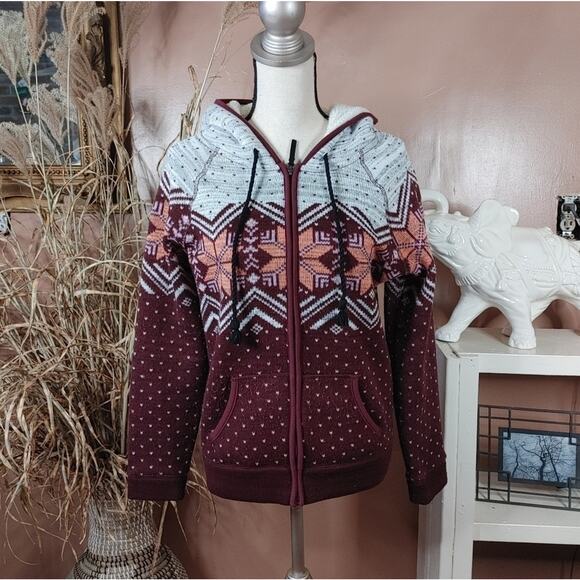 American Eagle Size Medium M Maroon Zipper Sweater AE Sherpa Hood Lined Comfy - Picture 1 of 10